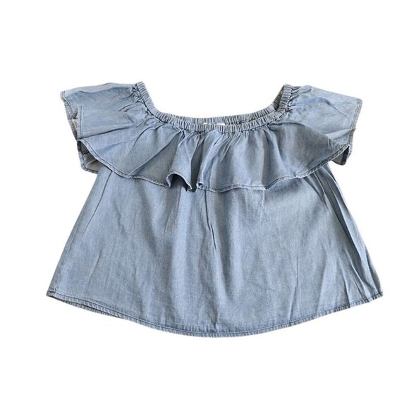 GB Off Shoulder Chambray Top Womens Size Small Ruffle Blue - Picture 6 of 6